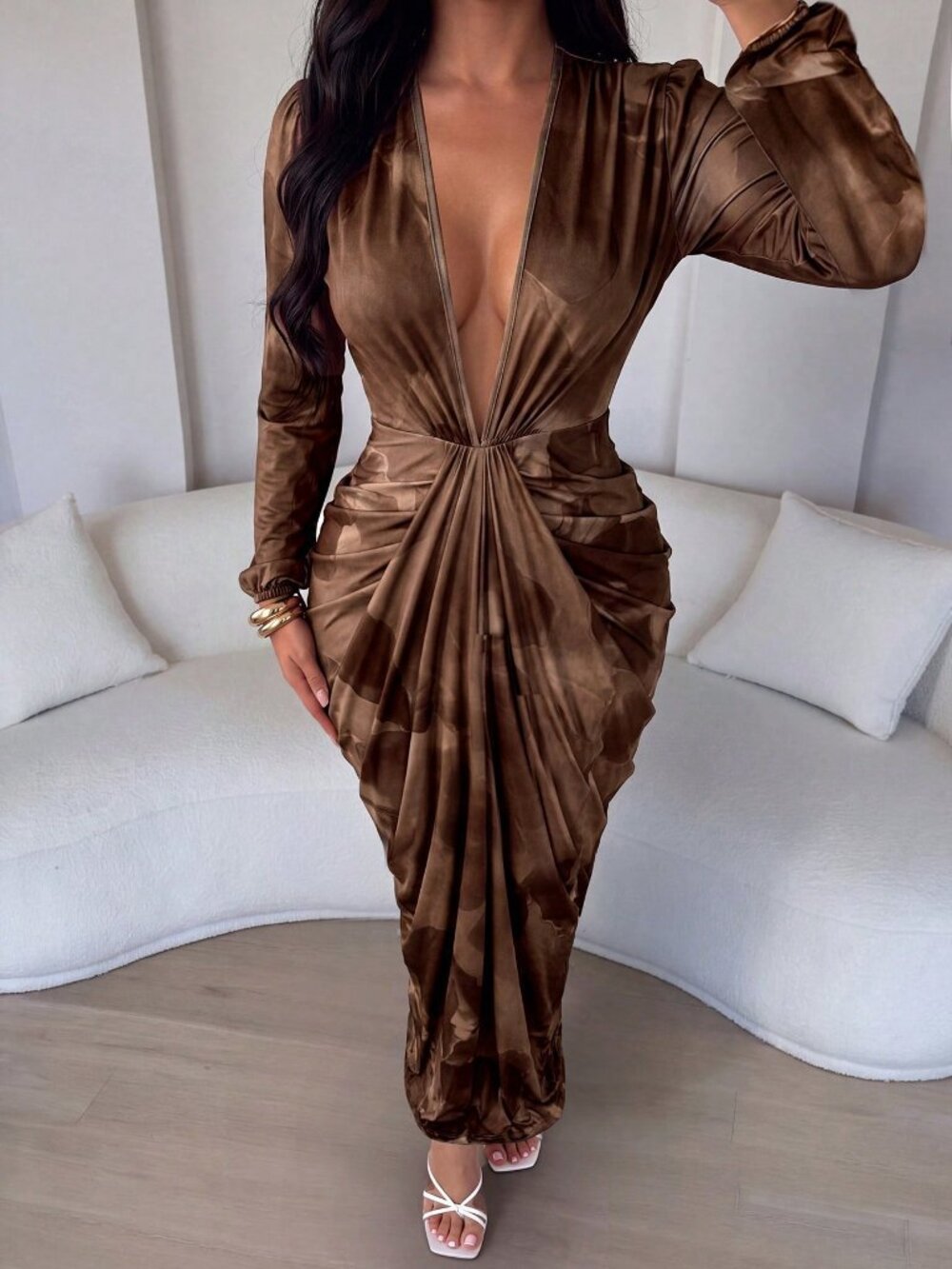 Brown Sexy Women's Elegant Deep V-Neck Long Sleeve Draped Hem Maxi Dress